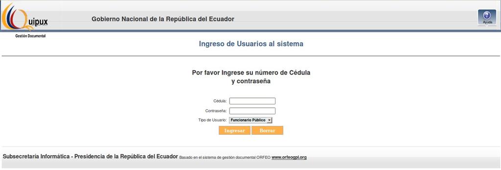 Fig. 1 Pantalla de Ingreso Ciudadano. Los usuarios ciudadanos son los ciudadanos creados en el sistema al momento de registrar un documento.