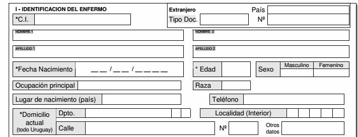 Pág. 2/ 7 6- DESCRIPCION PRIMERA PARTE: IDENTIFICACIÓN DEL ENFERMO C.I.: Cédula Intidad uruguaya be tener puntos, guión y el dígito control. Si es un ciudadano extranjero, sin C.I. uruguaya, completar el recuadro l documento extranjero.
