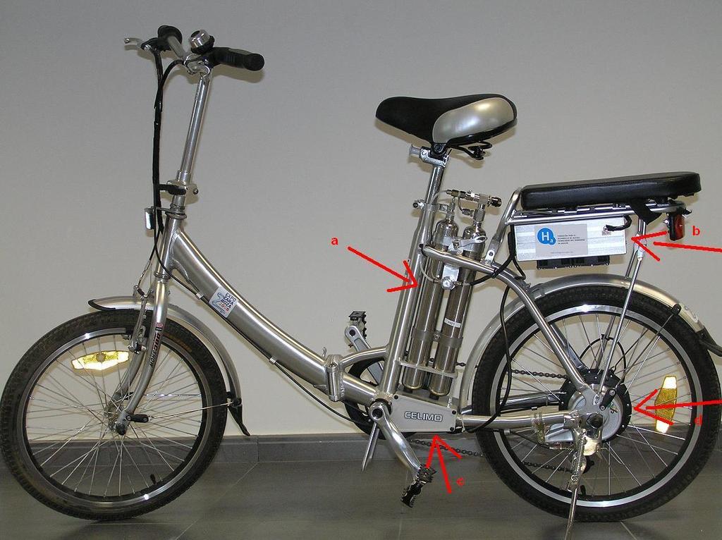 Figura 8. Imagen bicicleta de pedaleo asistido. a = b = c = d = Ruedas pedales hidruros metálicos sillín pila de combustible radio timbre controladora manillar motor eléctrico 2.