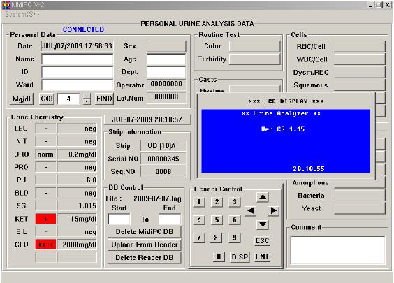 5. Control remoto del lector vía el software MidiPC. Al presionar la tecla DISP, aparece la pantalla azul del lector.