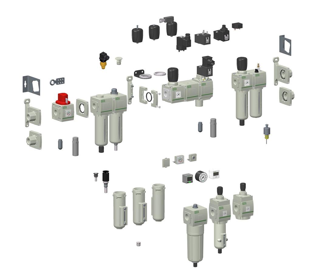 Descripción de la gama de productos de tratamiento de aire de las series, y de ASCO Numatics Actuador de presión diferencial Pomos Cabezas magnéticas Filtro regulador Escuadra de fijación lateral
