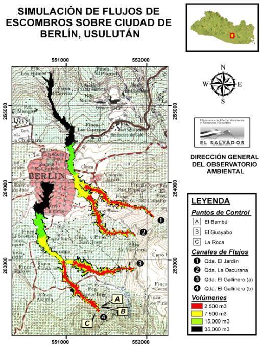 Estudios de amenazas Deslizamientos Modelación de flujos de escombros en zonas prioritarias: Apaneca, El Picacho, San Vicente, Berlín, Conchagua producto = 5 mapas.