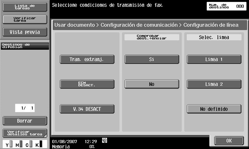 Usar Documento 7 7.5.18 Configuración de comunicación Configuración de línea Acerca de la Configur. línea % Permite especificar la configuración de una línea de envío de fax. Tran. extranj.