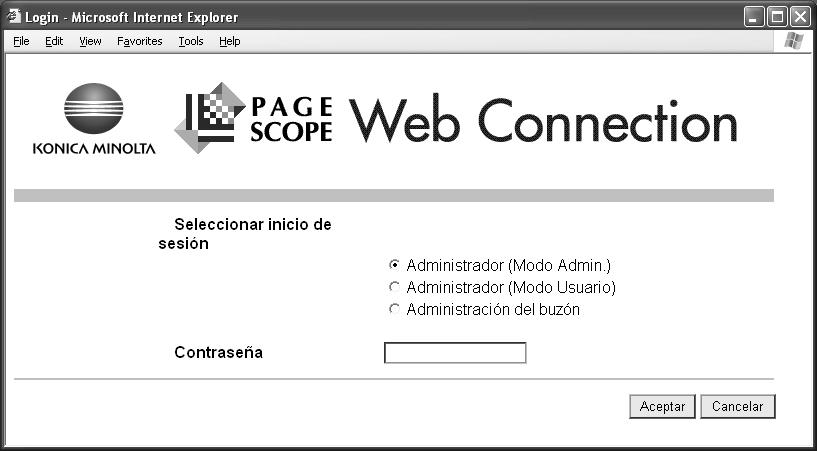10 PageScope Web Connection Inicio de sesión como administrador de carpeta de usuario Si se ha especificado la configuración de autenticación de usuario en la máquina, puede iniciar sesión como