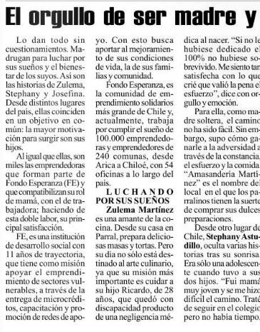 Noticias Nota Día de la Madre País Lobo, Osorno http://www.paislobo.cl/2014/05/el-orgullo-de-ser-madre-y-emprendedora. 5 El Heraldo, Linares Testimonios La Cuarta 16 de mayo http://papeldigital.