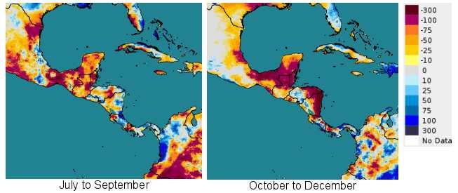 , 2015 Las epidemias de roya del 2012: Anomalía de lluvia en Centroamérica en el segundo semestre 2012 comparado con el promedio 1981-2010 M G ES H CR N P Más lluvia C Menos lluvia en la region