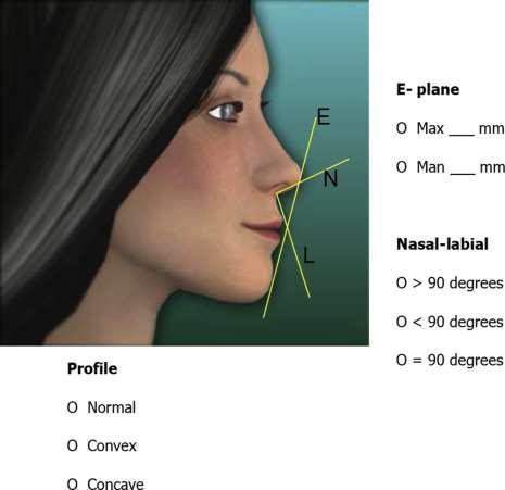 ANÁLISIS FACIAL LATERAL Plano de Ricketts (plano E): Punta de la naríz mentón. Se valora la distancia de los labios superior e inferior a esta línea.