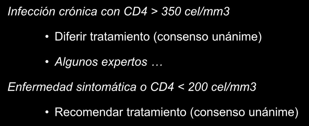 Dónde hay consenso Infección crónica con CD4 > 350 cel/mm3 Diferir tratamiento (consenso unánime)