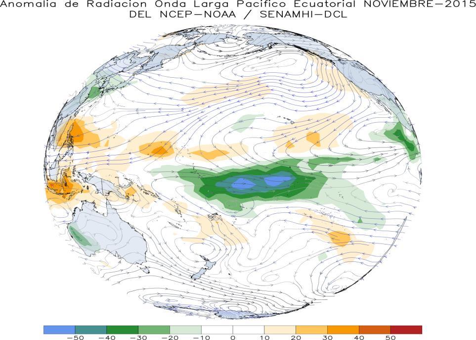 nubosidad convectiva e inestabilidad convectiva (coloraciones verdes). En el continente sudamericano, zonas con mayor inestabilidad (estabilidad) atmosférica se vieron al sur (norte) de Sudamérica.