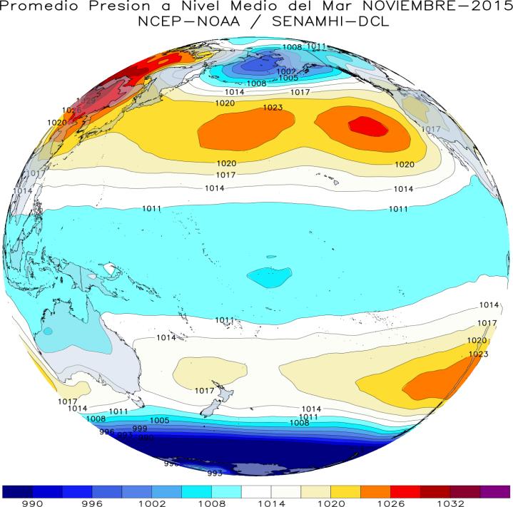 Presión a Nivel del Mar (APS) Durante el mes de Noviembre, a escala global en promedio, las regiones anticiclónicas de superficie (regiones de altas presiones, color naranja) ubicadas al oeste del