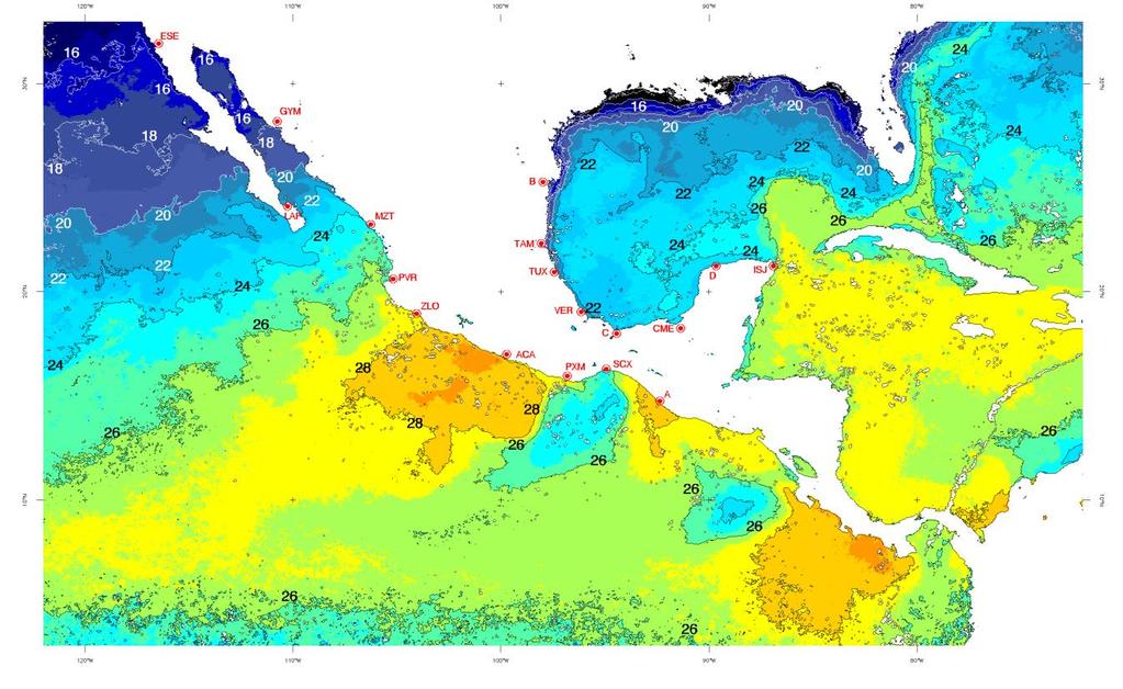 TEMPERATURA SUPERFICIAL DEL MAR. ENERO 2014 Fig. 1. Temperatura superficial marina registrada en enero. Imágenes MODIS-Aqua. Base de datos GIOVANNI-NASA. Unidades C.