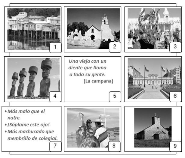 Observa las imágenes y responde las preguntas n 12 y 13. 12.- Cuáles de las imágenes corresponden a ejemplos de patrimonio cultural inmaterial de Chile? A 1,3,5,y 8 B 3,5,7 y 8 C 1, 2, 4, 6 y 9 13.