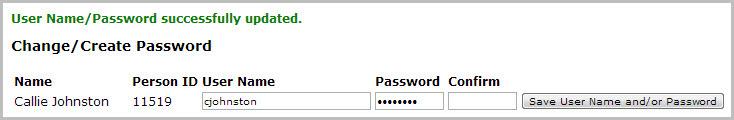 Haga clic en Save User Name and/or Password. Un mensaje se mostrará en la en la parte de arriba del navegador: «User Name/Password successfully updated» (Usuario/Contraseña creados correctamente).