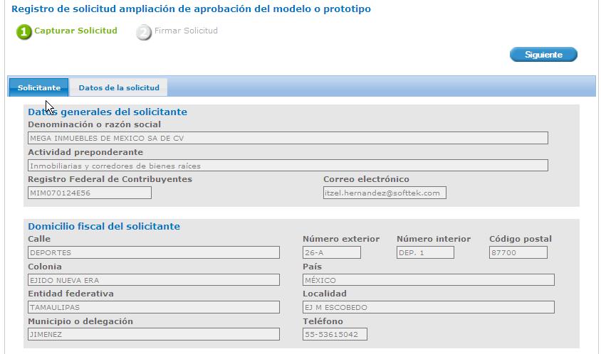 Una vez ingresado el número de certificado se desplegará la pantalla de Solicitar Ampliación de aprobación del modelo o prototipo donde se deberá registrar la solicitud.