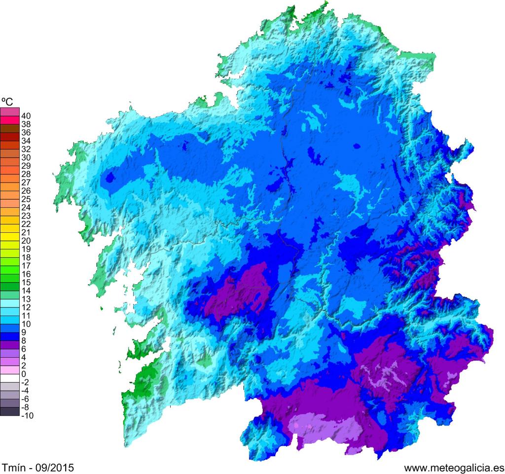 4.2. Temperatura media das mínimas. O valor medio das temperaturas mínimas no mes de setembro para o territorio galego foi de 10.