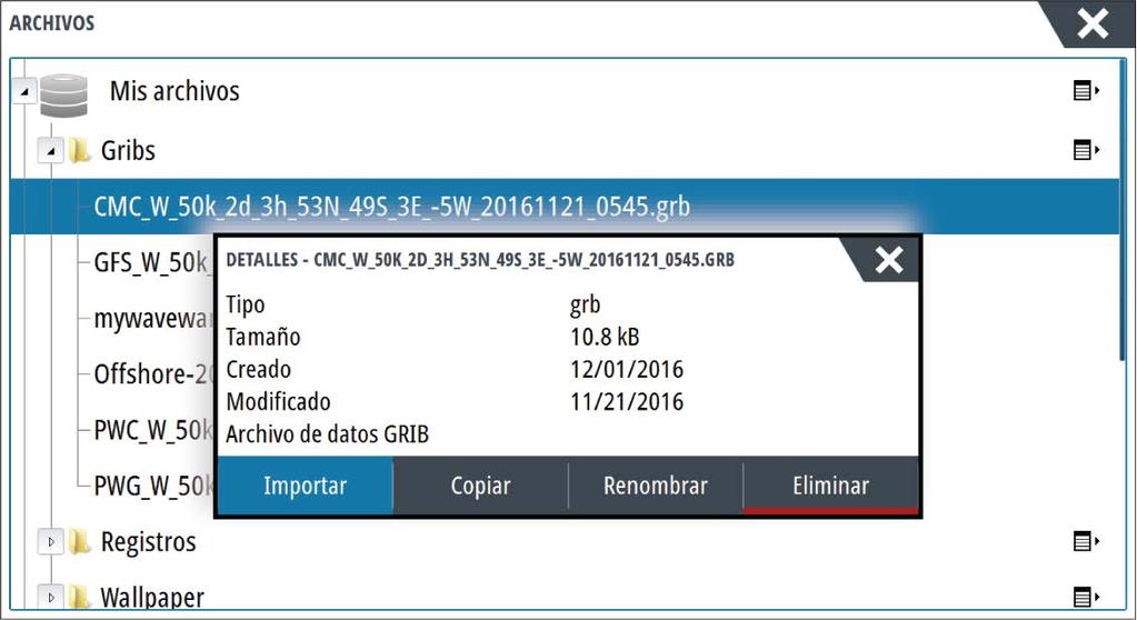 Al seleccionar un archivo GRIB con el administrador de archivos, la opción Importar está disponible. Utilícela para importar archivos GRIB en la memoria.