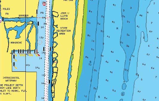 Sin aguas someras destacadas Con aguas someras destacadas: de 0 a 3 m Ajustes de las cartas de Navionics Áreas de fondo coloreadas Opción utilizada para mostrar las distintas profundidades en tonos