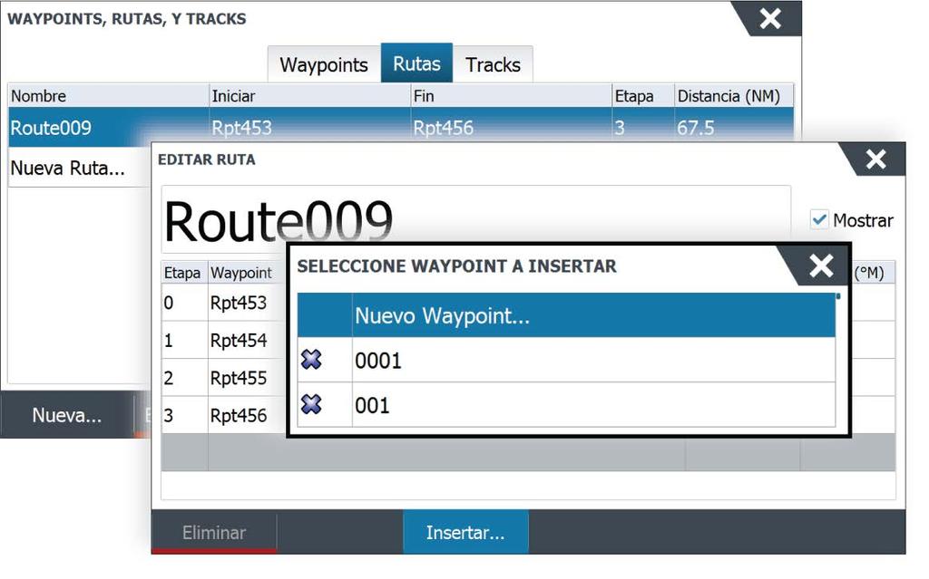 Creación de rutas mediante waypoints existentes Puede crear una ruta nueva combinando waypoints existentes desde el cuadro de diálogo Rutas.