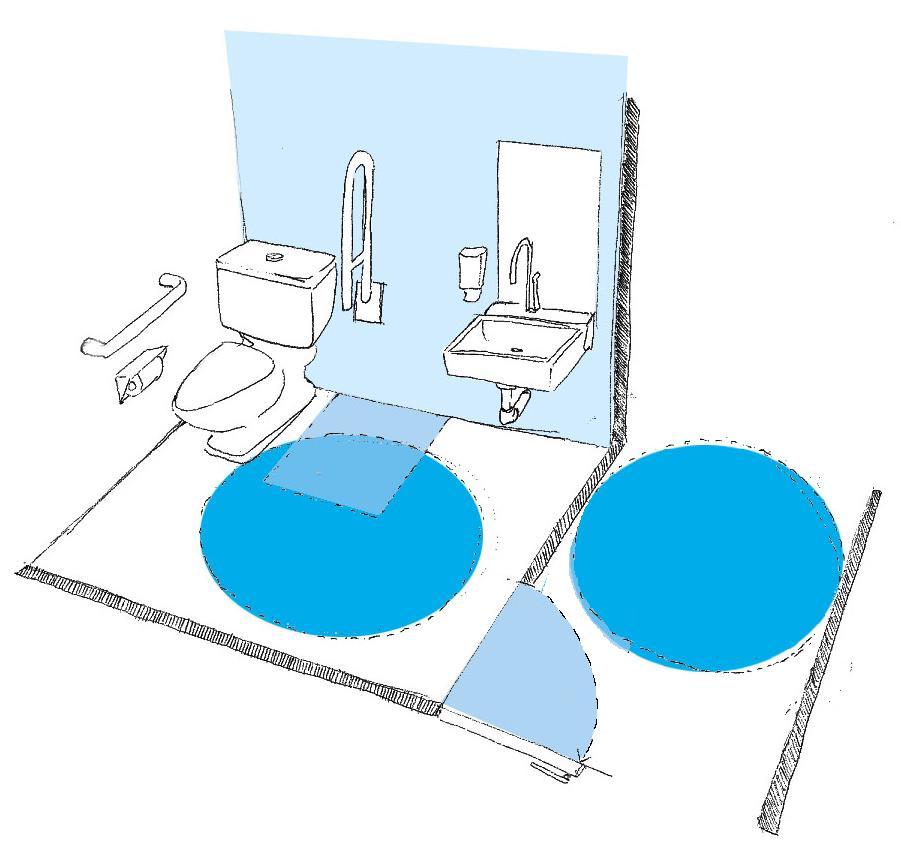 5 Baño accesible: Puede ser de uso universal, y debe considerar al menos: Puerta de acceso de ancho igual o superior a 0,90 metros con contraste cromático respecto a los paramentos adyacentes.