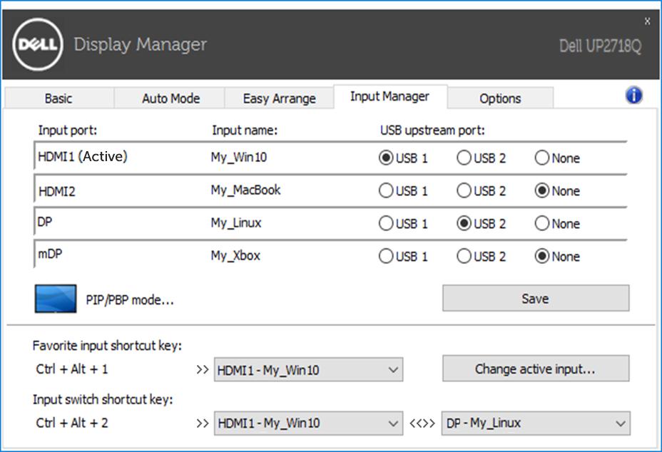 Administrar varias entradas de vídeo La pestaña Input Manager (Administrador de entradas) proporciona formas prácticas para administrar varias entradas de vídeo conectadas al monitor Dell.