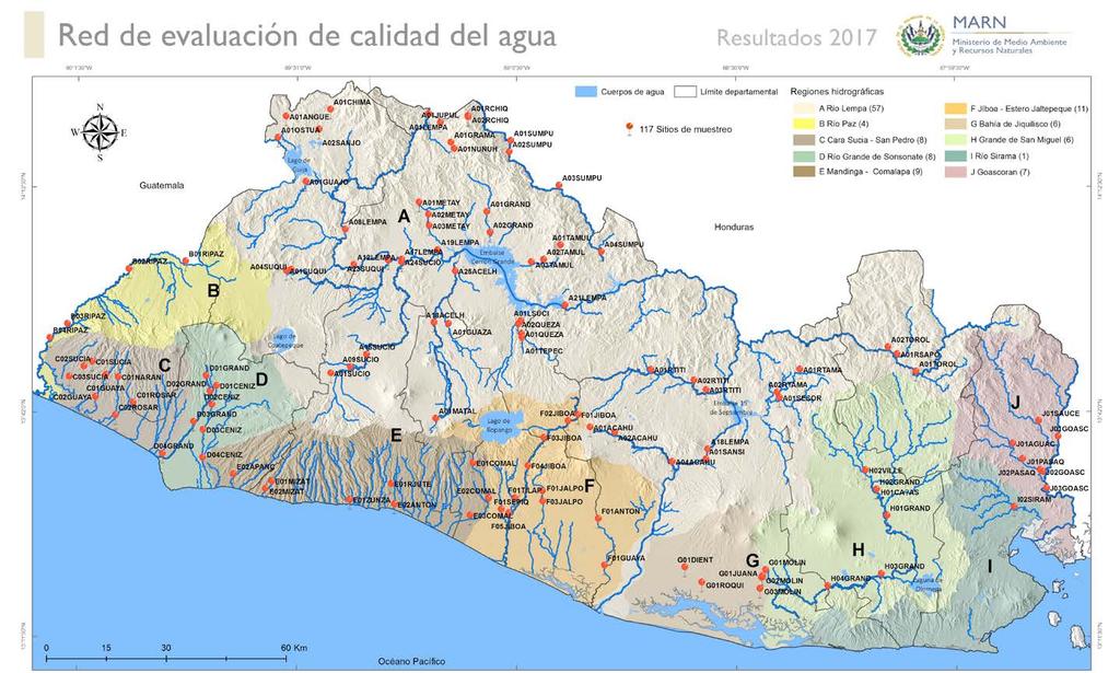 Red de monitoreo de calidad de agua La red de monitoreo de calidad de agua de El Salvador, ha sido diseñada bajo el concepto de largo plazo, y para el presente monitoreo correspondiente a la época