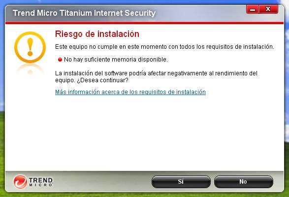 Si l ordinador on instal lem Internet Security no té prou capacitat, és possible que s indiqui en finestres com la següent.