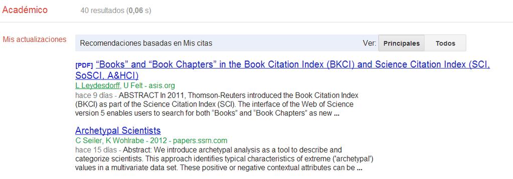 Recibiendo recomendaciones de Google Scholar Dos veces a la semana se recibirán recomendaciones en función de nuestros