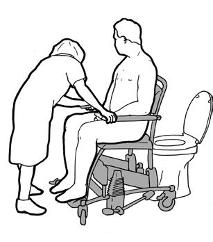 Uso con el wáter El Flexo también se puede colocar sobre el wáter. Cuando el paciente se haya sentado y los reposabrazos estén cerrados, el cuidador posiciona el Flexo a la altura correcta.