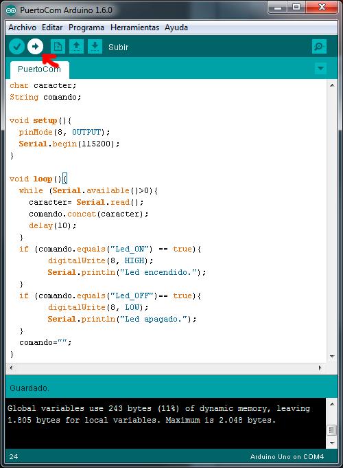 Programación Arduino IDE Escribimos el código como muestra en la imagen.