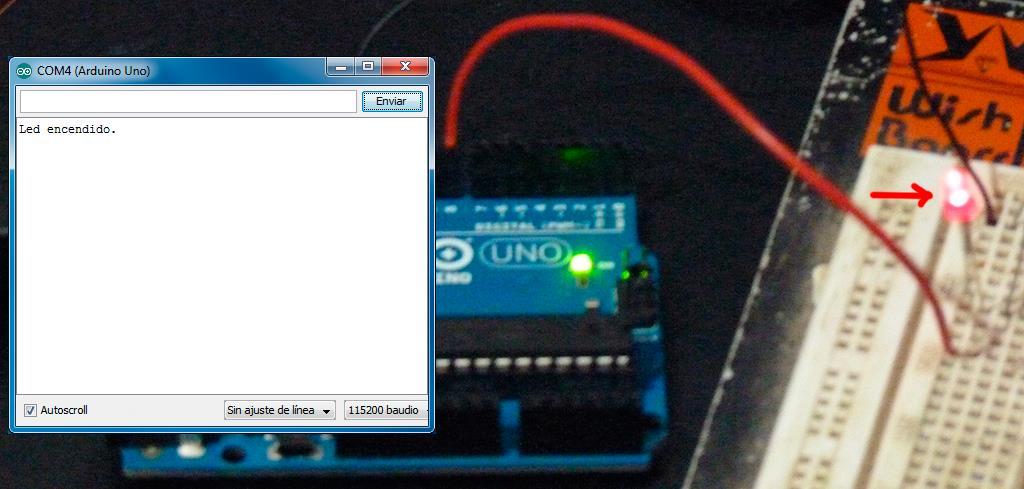 Programación Arduino IDE Muestra el mensaje: Led encendido.. Luego pruebas con el comando Led_OFF.