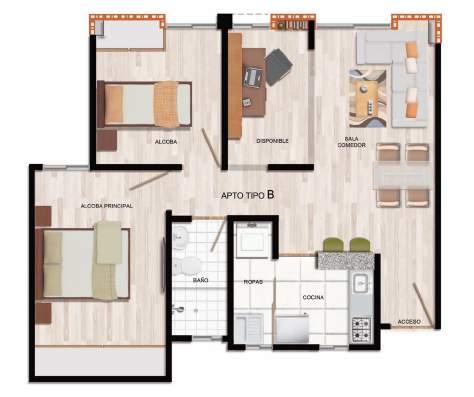 El apartamento TIPO, cuenta con un área construida de 50,84m2 y un área privada de 47,78m2,