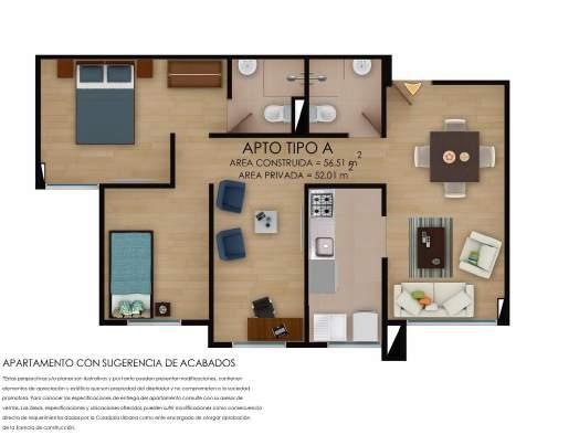 El apartamento TIPO cuenta con un área construida de 56,51 m2 y un área privada de 52,01 m2,