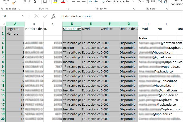 Lista de estudiantes a matricular (6) Abre un archivo de Excel y en la primera celda de la hoja da clic con el botón derecho del mouse y selecciona la opción Pegar (que permite pegar solo los datos).