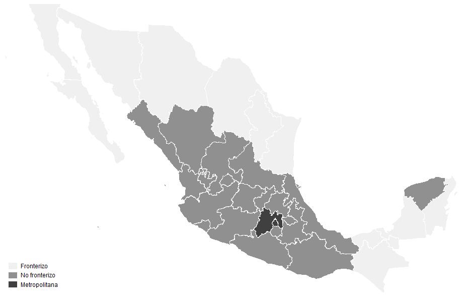 Estratos regionales de la muestra Región Fronterizo No fronterizo Metropolitana Estados Baja California, Baja California Sur, Sonora, Chihuahua, Coahuila, Nuevo León, Tamaulipas, Chiapas, Tabasco,