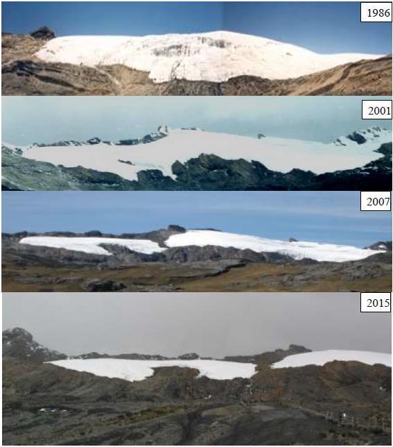 1,299 Km 2 En 2003 la superficie glaciar era de 870 Km 2, de 1970 al 2003 se redujo 429 Km 2 (43%).
