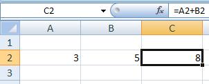 En la celda C2 se ha escrito =5+3, se ha pulsado <Intro>, y nos devuelve el resultado (8).