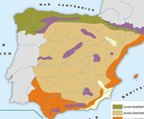 B. DOMINIO MEDITERRÁNEO INTERIOR O CONTINENTALIZADO Se extiende por la Meseta, depresión del Ebro y algunas zonas del interior andaluz. Precipitaciones escasas (entre 3 y 8 mm) e irregulares.