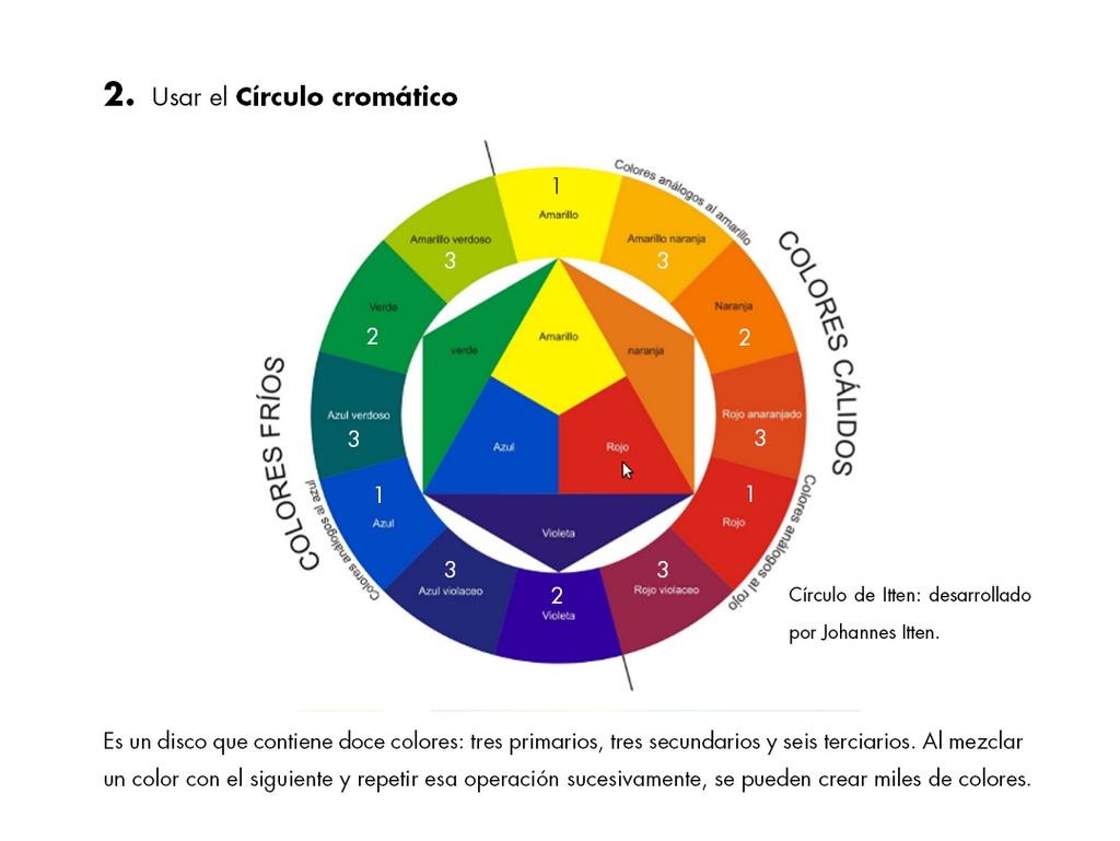 2. Usar el Círculo Cromático Círculo de Itten: desarrollado por Johannes Itten Es un disco que contiene doce colores: tres primarios, tres