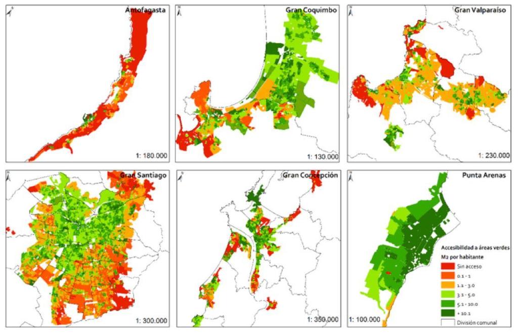 Medir brechas entre ciudades, comunas y barrios Acceso Áreas Verdes Segunda Etapa (ejemplos)
