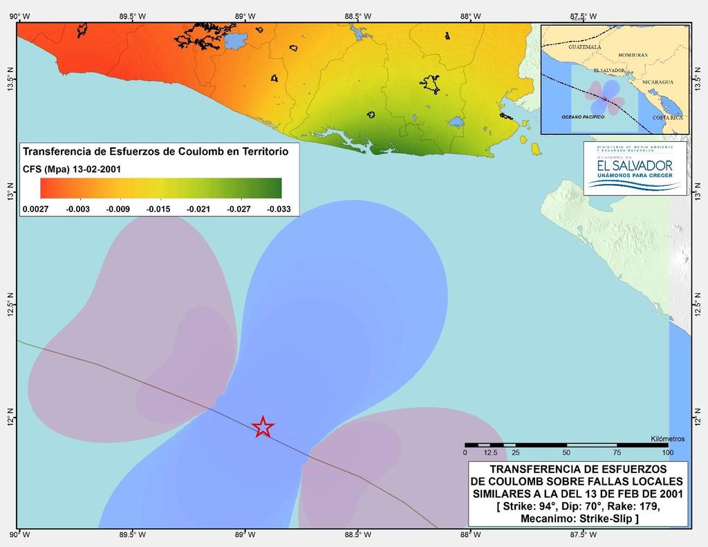 De acuerdo con el análisis DFCS para fallamientos similares al sismo del 13-02-2001 dentro del territorio (figura 20), se observan en la zona epicentral, zonas de incremento de esfuerzos estáticos