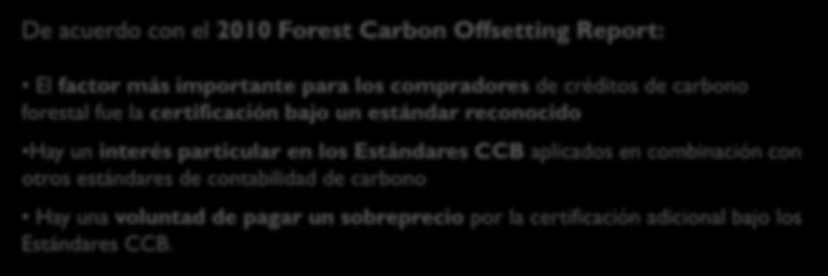 ACEPTACIÓN DE LOS ESTÁNDARES CCB EN EL MERCADO De acuerdo con el 2010 Forest Carbon Offsetting Report: El factor