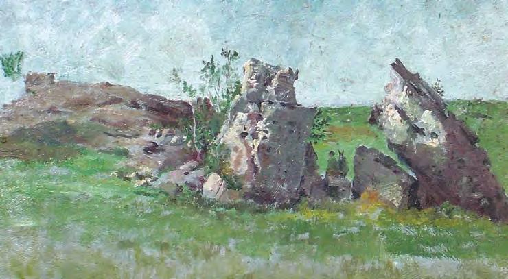 349. Cuadro de Diógenes Héquet, óleo sobre fibra Gaucho con caballo descansando entre la rocas, firmado al dorso. Medidas: Alto 15 cm - Ancho 24. 350.
