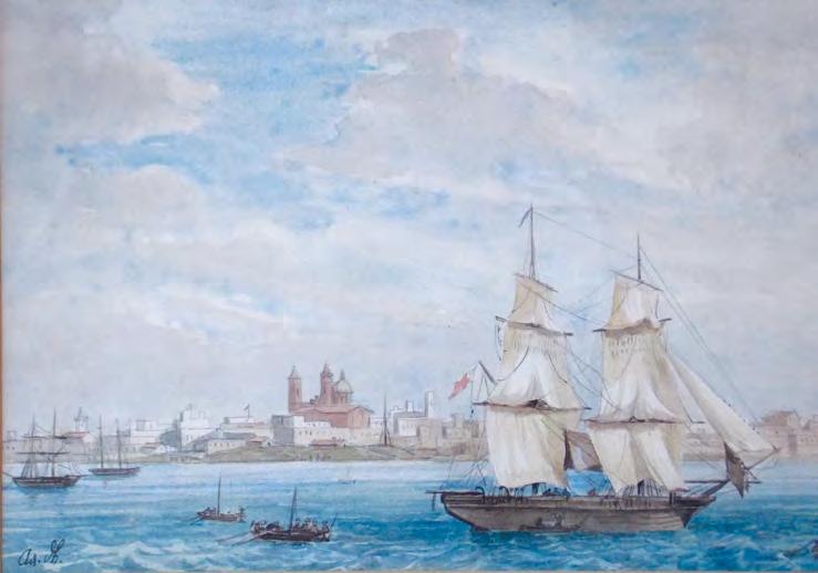 416 Cuadro de Adolphe d Hastrel (1805-1874). Acuarela sobre papel vista de Montevideo desde la bahía. Firmado abajo a la izquierda. Medidas: alto 20cm, ancho 27cm.