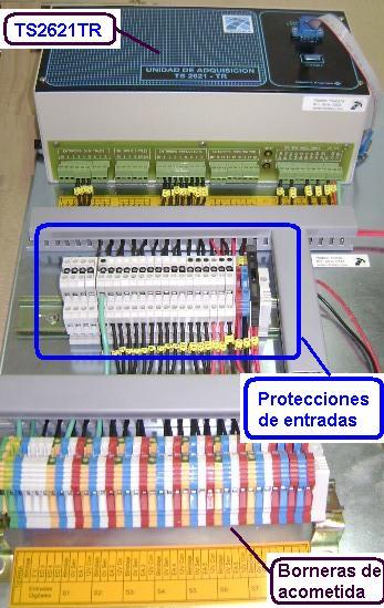 Protecciones de entradas Las entradas al TS2621TR son protegidas y acondicionadas (según sea el caso) en una fila intermedia de borneras, las cuales se describen e identifican a continuación.