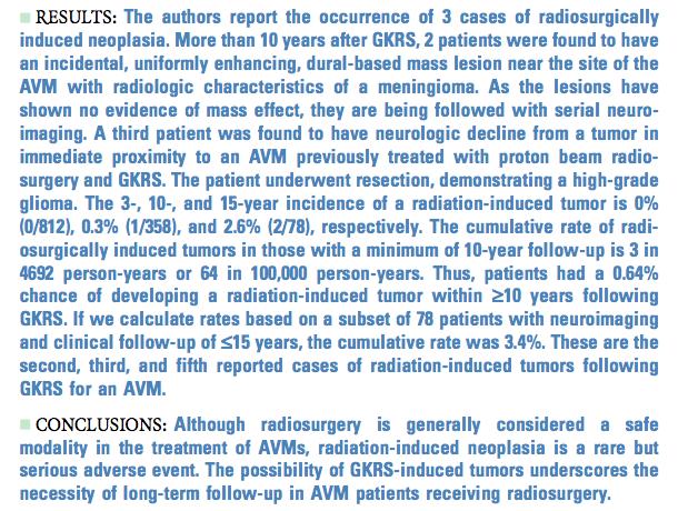 - Después de más de 10 años de seguimiento (solo de 78 pacientes) encuentran 3 casos de tumores radioinducidos