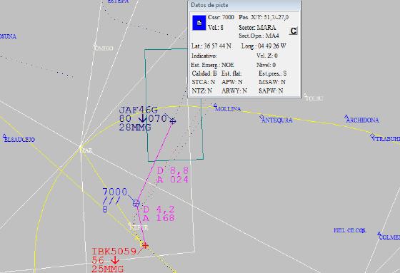12:44:49.- La imagen muestra a la Aeronave 1 [respondiendo 7000], volando al N del punto NEPUR, con altitud desconocida y a la otra aeronave en descenso a FL 070 a través de FL 080. Aeronave 2 Fig.