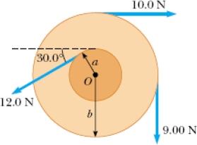 Rtas.: I = 92 kg m 2 ; K rotacional = 184 J; v t =??; K total = 184 J. 13. Encuentre el torque neto sobre la rueda de la figura alrededor de un eje que pasa por O si a = 10 cm y b = 25 cm. Rta.: - 3.