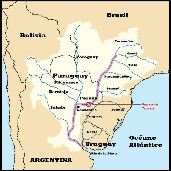 FIGURA 1. Cuenca del Plata y ubicación de Yacyretá sobre el tramo medio del Paraná. Fuente: http://descubrircorrientes.com.