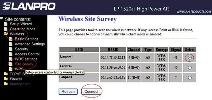 4.3 En la figura 10, seleccione la opción Site Survey para ubicar la red a la cual desea conectarse como cliente, seleccione Select y seleccione Connect. Figura 10 4.