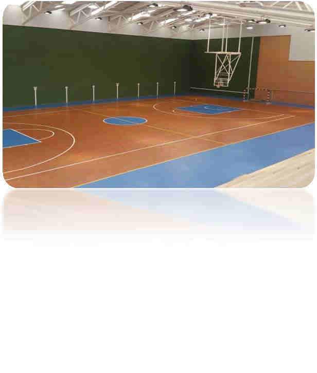 PVC Deportivo para Pabellones y Salas de Fitness Suelo deportivo para pabellones y salas de fitness Superficie de 4,5 mm de espesor, en 3 colores (azul, naranja y madera).